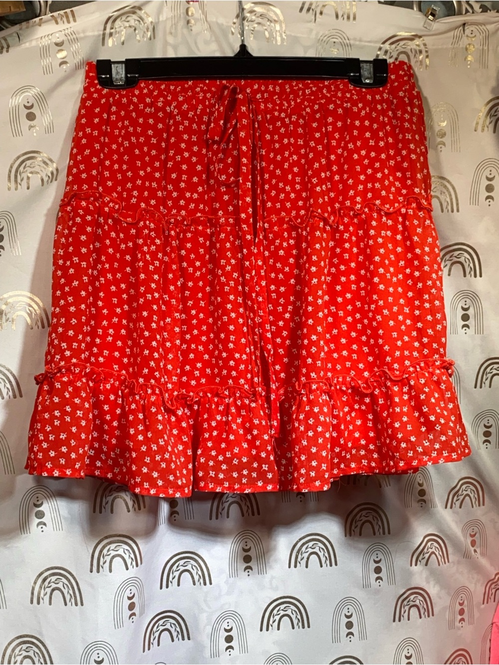 Sienna Sky Red Floral Ruffle-Trim Mini Skirt